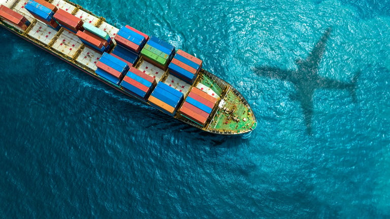 Large cargo container ship at a busy logistics port