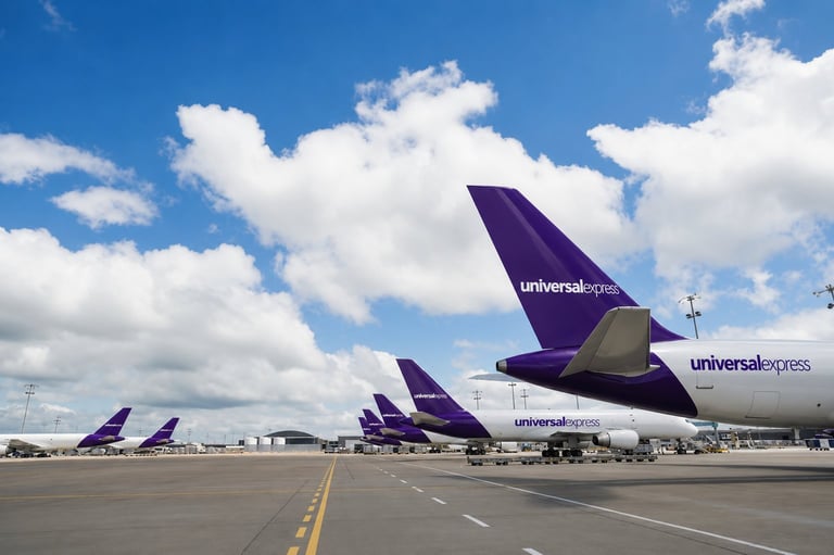 Universal Express aircraft lined up on airport tarmac with purple tail fins against blue sky with clouds